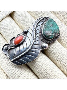 Vintage Native American Turquoise Red Coral Sterling Silver Big Ring Size 7.5